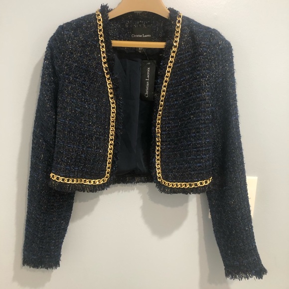NWT Christian Lacroix blue tweed cropped open ladies jacket blazer size Small - Picture 1 of 9